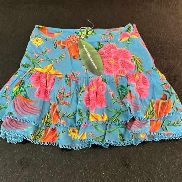 Farm Rio Toucans Garden Tiered Cotton Mini Skirt in Blue. size M - Picture 4 of 11